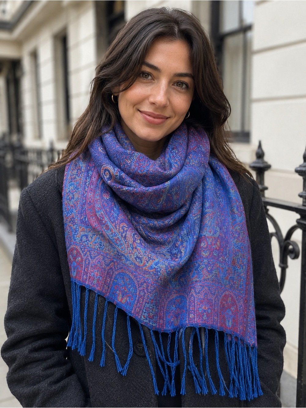 Pashmina Silk Scarf Paisley Fringe Scarf in Blue and Purple
